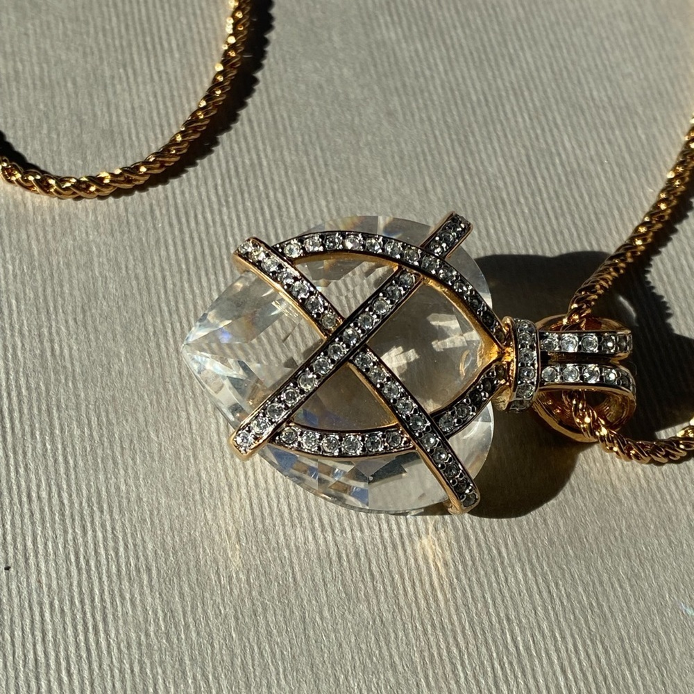 Swarovski gold tone long chain crystal heart statement necklace